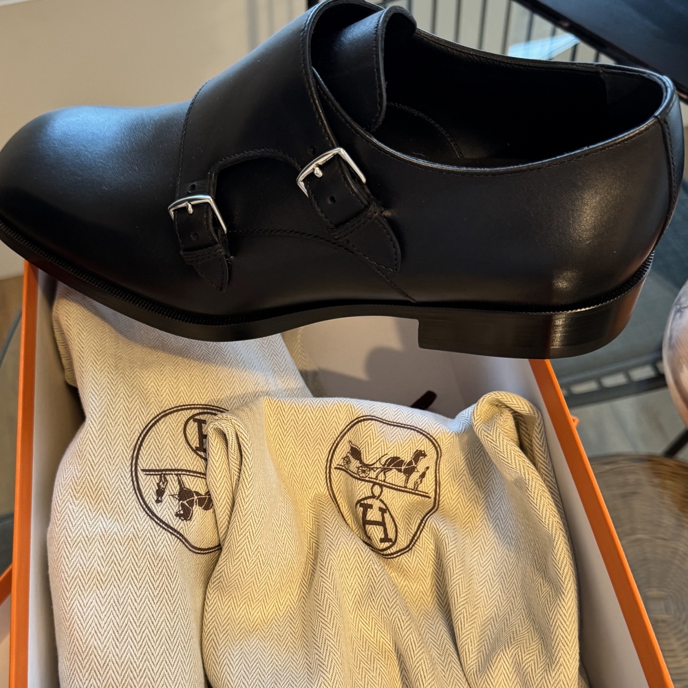 NWT Hermes Black Leather Oxfords with Double Monk Strap